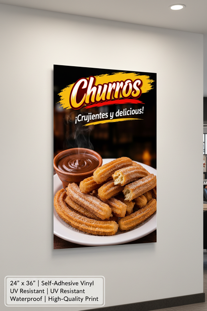 Churros 24x36 vinyl decal poster mockup displayed on restaurant wall with product specs